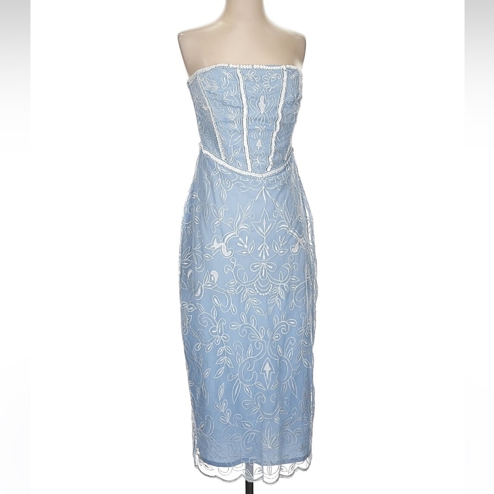 NWT Coast Strapless Corseted Light Blue Dress with White Lace Size 6